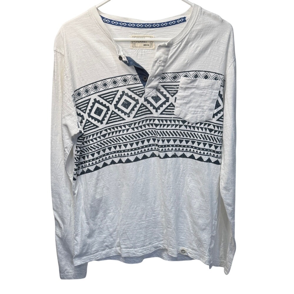 Free‎ Planet Mens White Tribal Geometric Print Long Sleeve Henley Shirt Medium